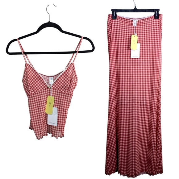 NEW BananHot Solay Skirt Top Set Small Medium Red Gingham Sheer Beach Resort - Picture 2 of 14